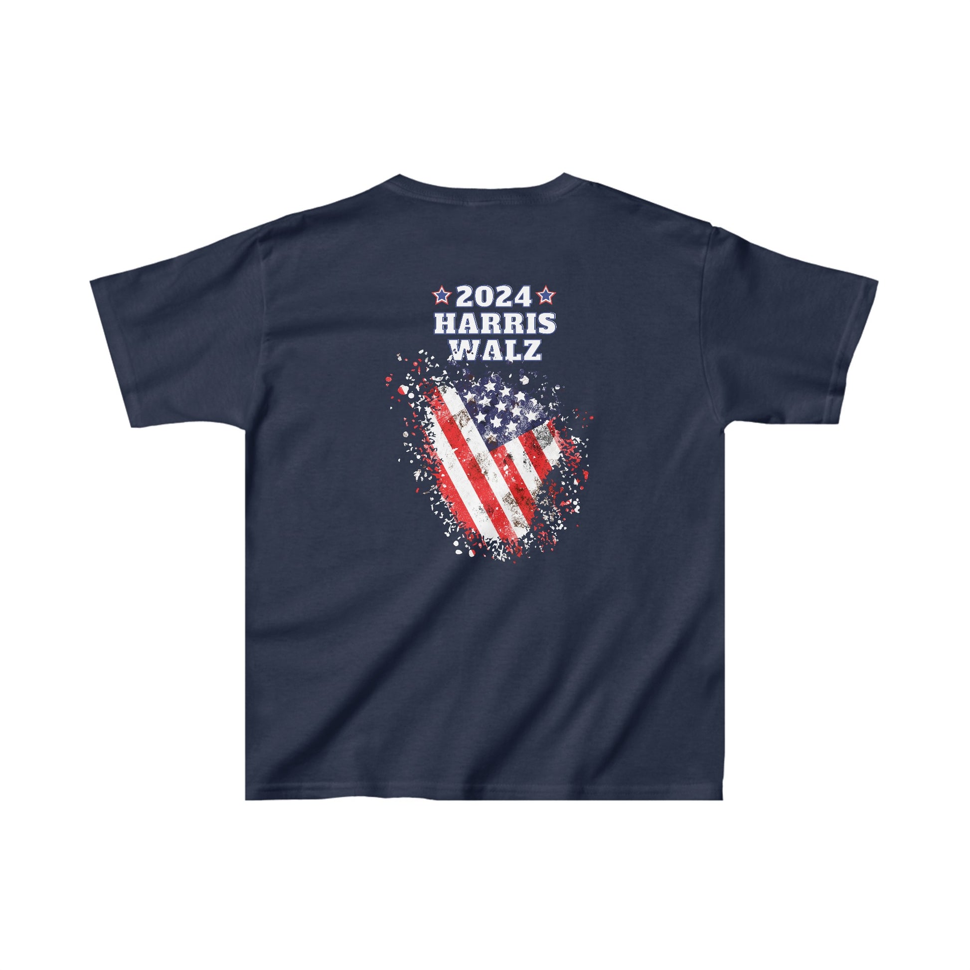 Back view of Kids' T-Shirt in Royal Blue, with patriotic 2024 HARRIS WALZ and distressed American flag design.