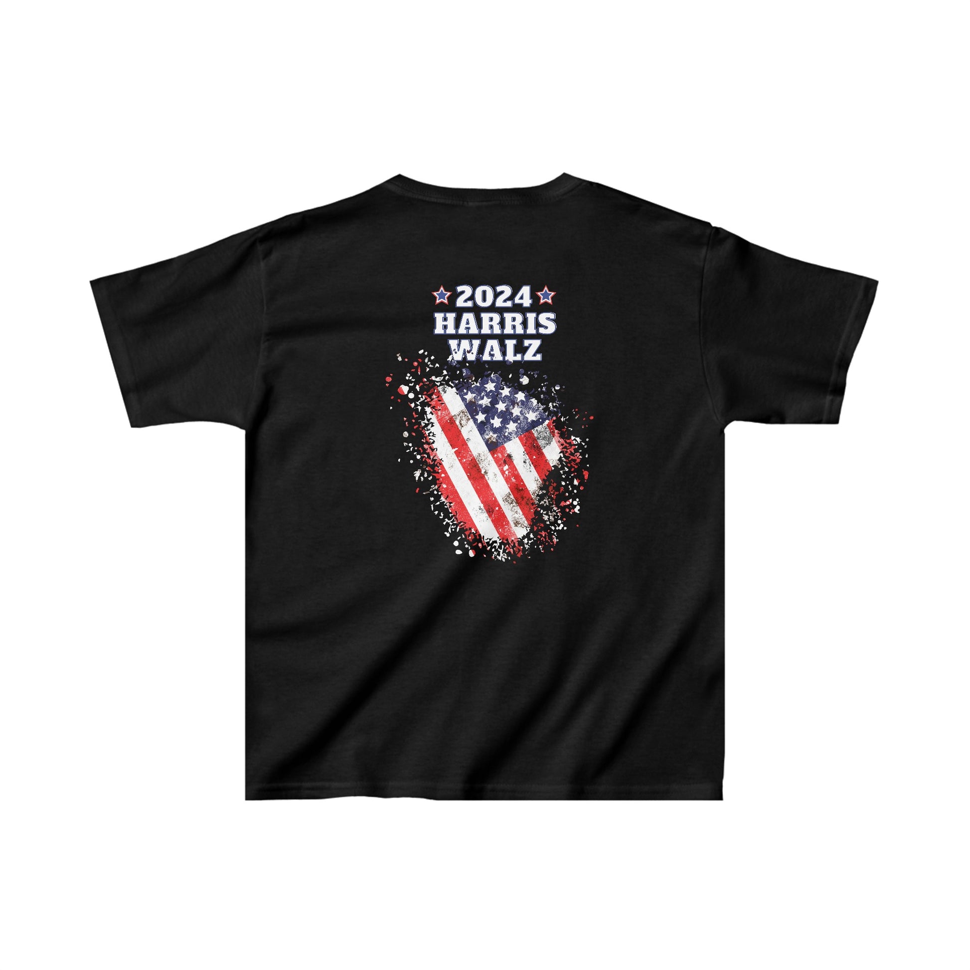 Back view of Kids' T-Shirt in Royal Blue, with patriotic 2024 HARRIS WALZ and distressed American flag design.