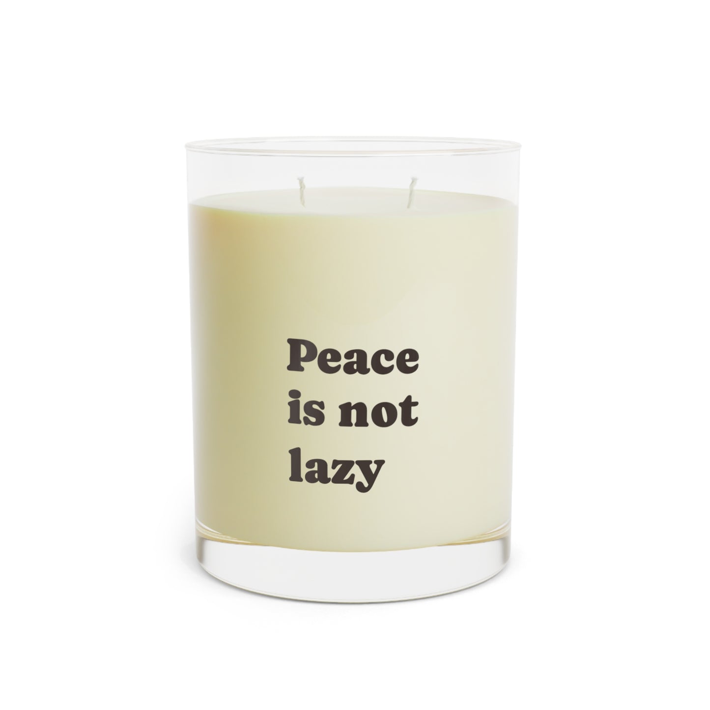 Candle with 'Peace is not lazy' text on a white background