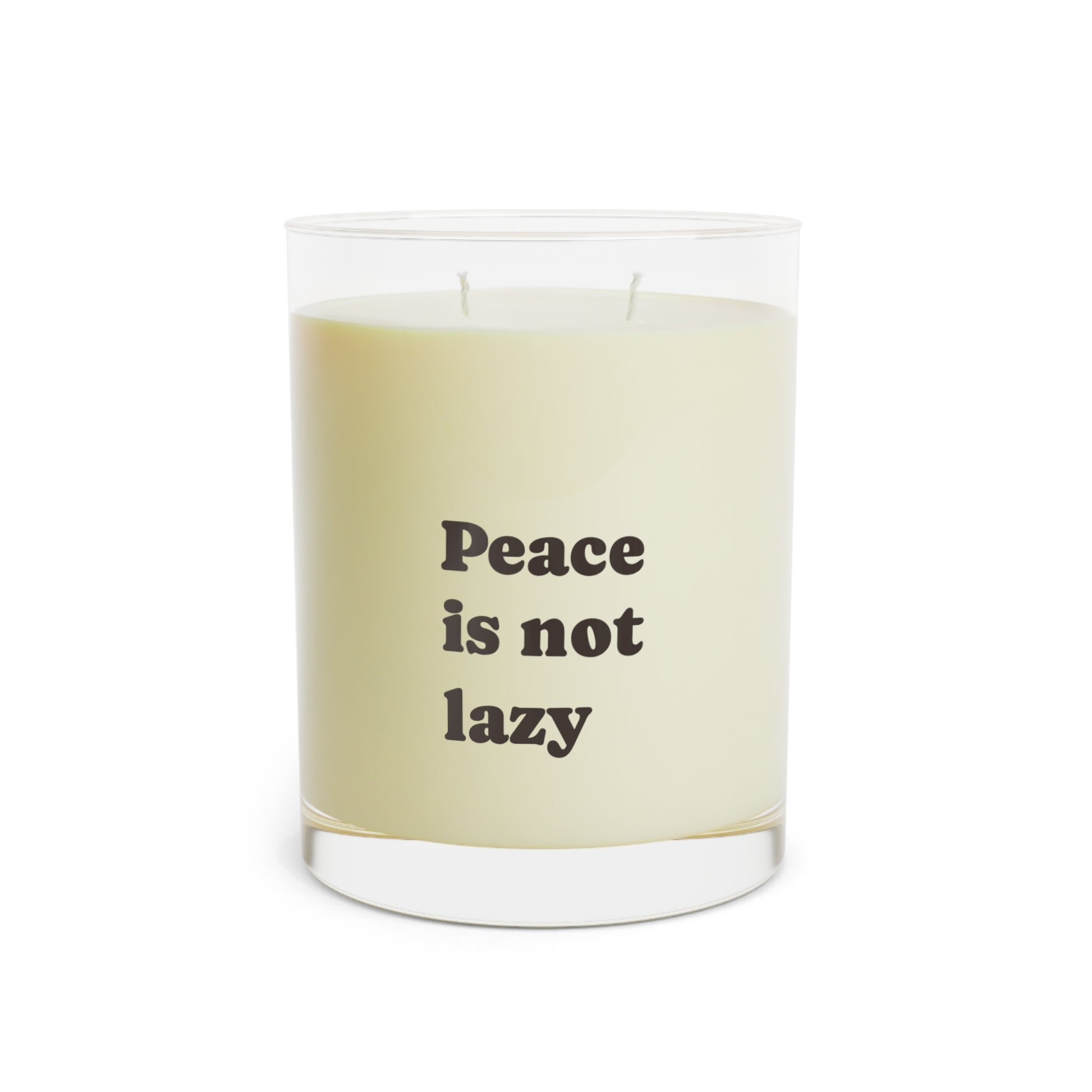 Candle with 'Peace is not lazy' text on a white background