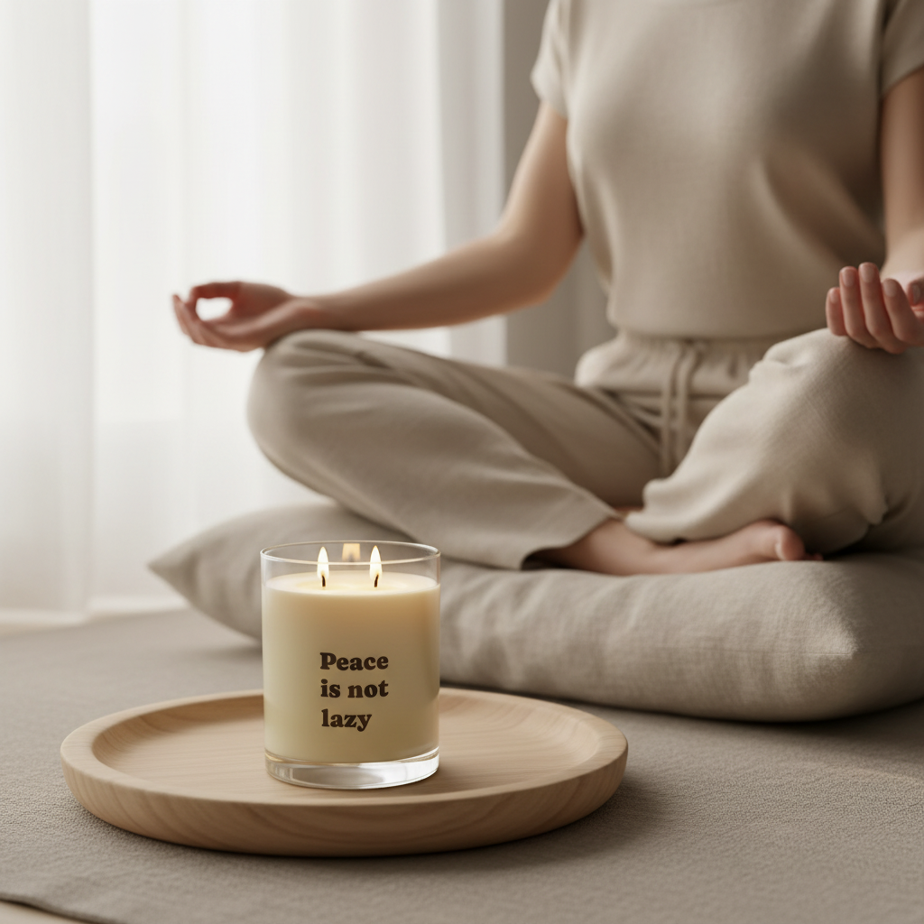 Person meditating with a candle labeled 'Peace is not lazy' on a wooden tray.
