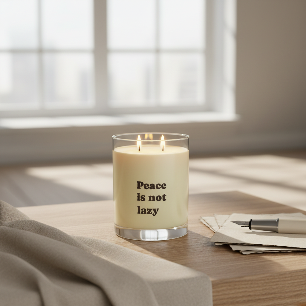 Candle with 'Peace is not lazy' text on a table with a window in the background