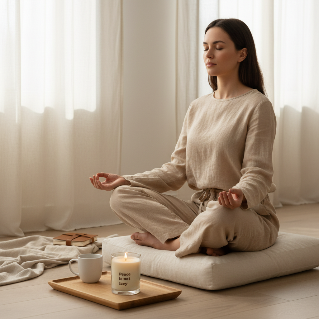 Woman meditating in a serene room with a candle and cup on a tray.