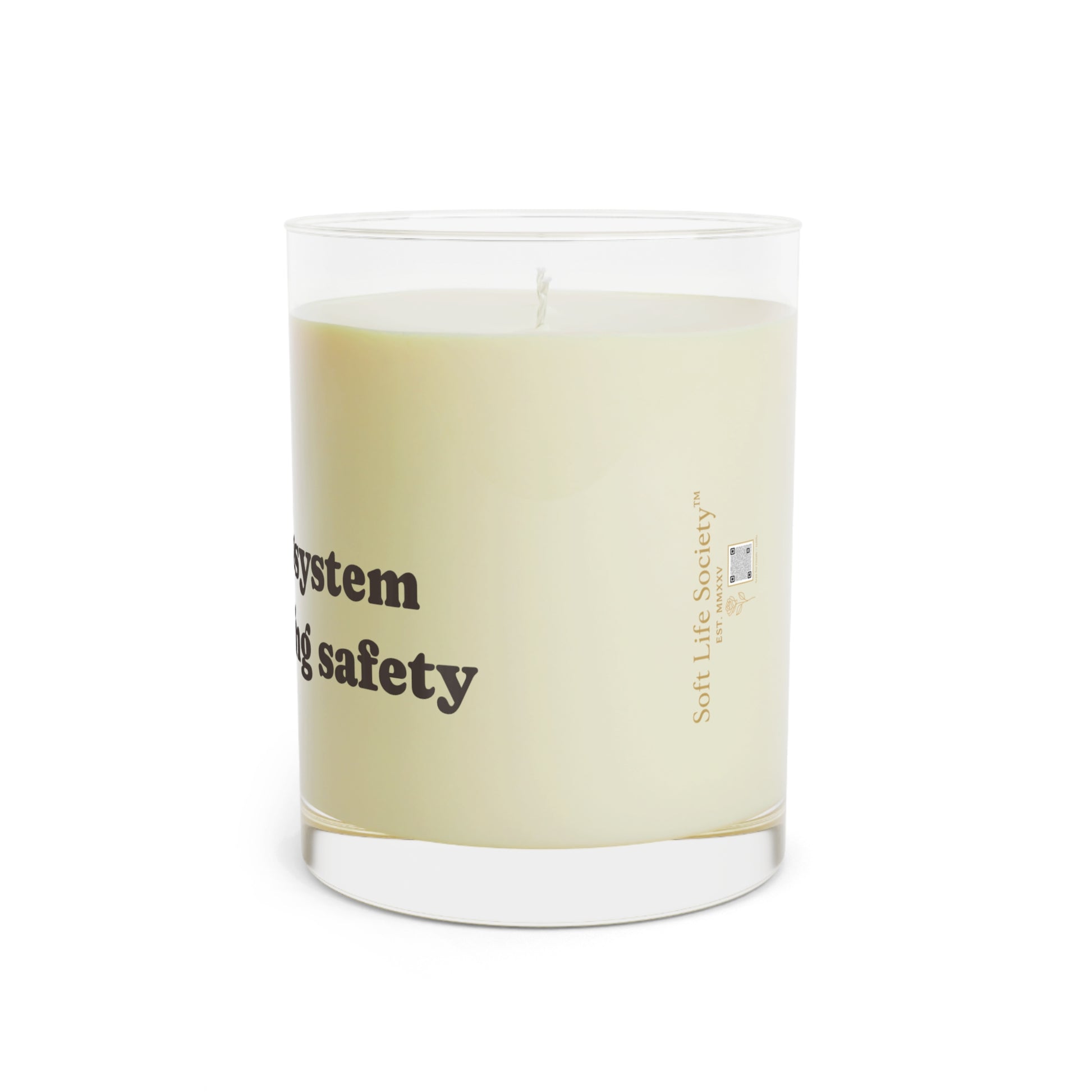 Soft Life Society Affirmation Candle with logo on a white background