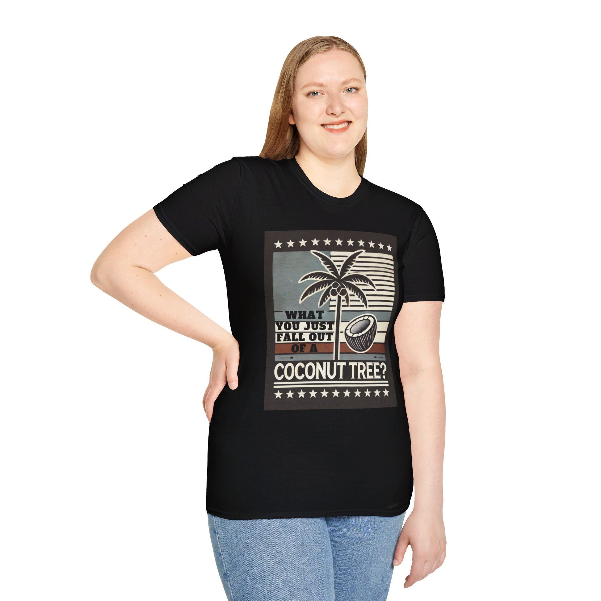 Front view of the What You Just Fall Out of a Coconut Tree? T-Shirt, featuring a retro-style palm tree and coconut graphic with humorous text
