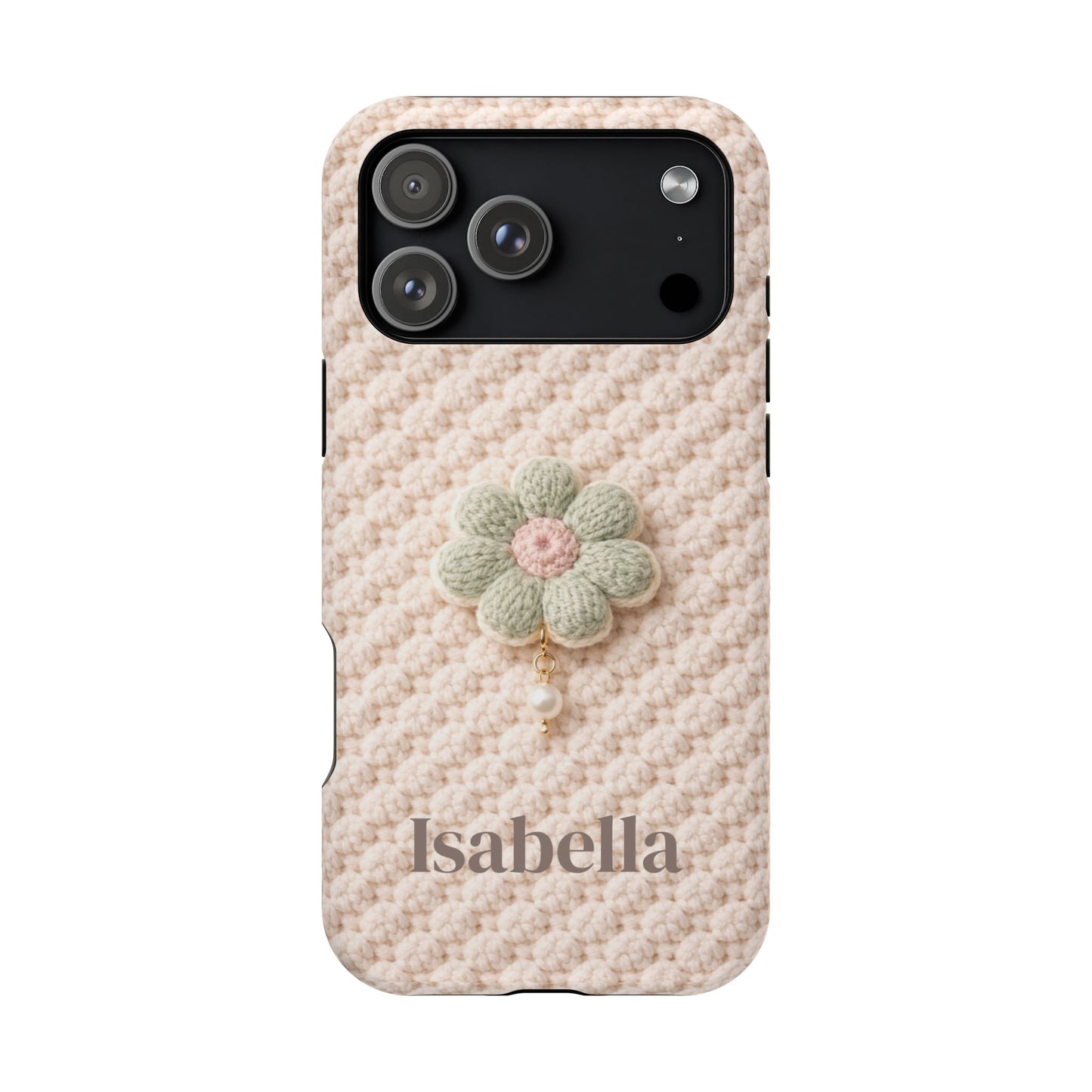 Phone case with a knitted pattern and a flower charm on a white background
