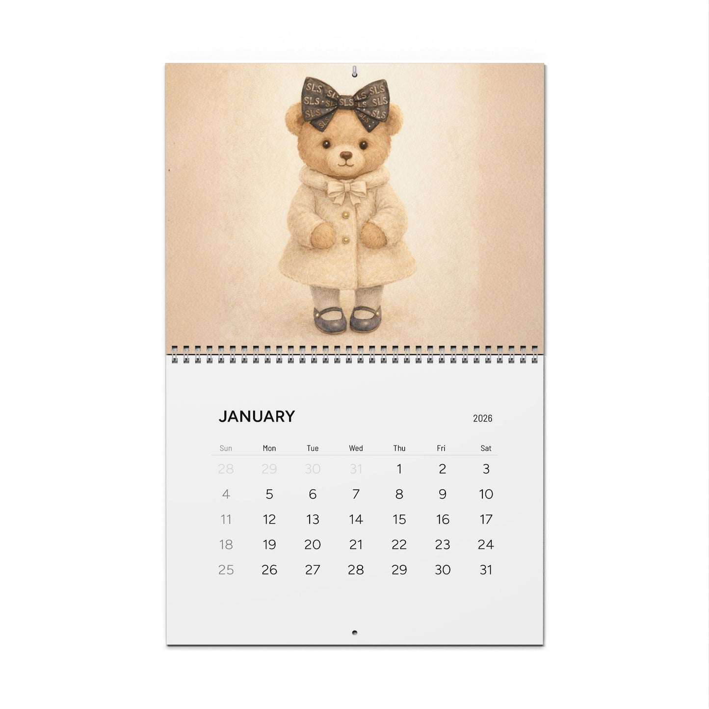 Le Petit Teddy™ 2026 wall calendar featuring soft watercolor illustration in a gentle, minimalist style by Soft Life Society™