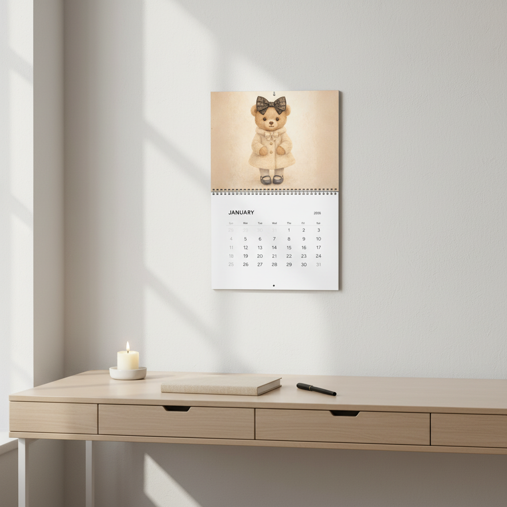 Wall calendar with teddy bear design on a light wooden desk with a candle and pen.