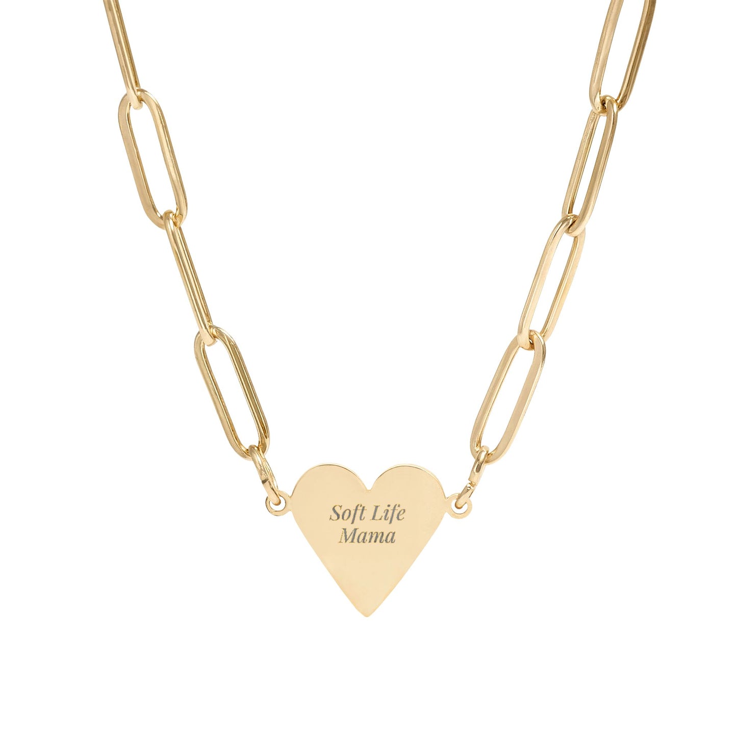 Gold heart-shaped pendant necklace with 'Soft Life Mama' engraving on a white background