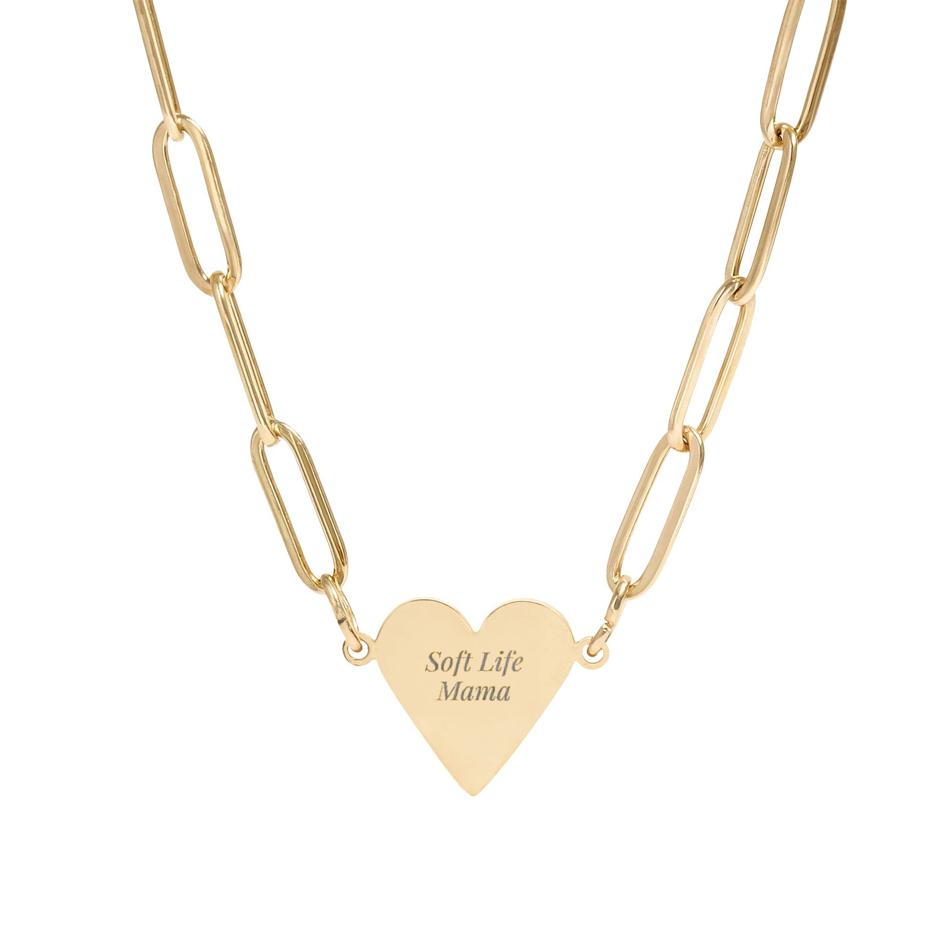 Gold heart-shaped pendant necklace with 'Soft Life Mama' engraving on a white background