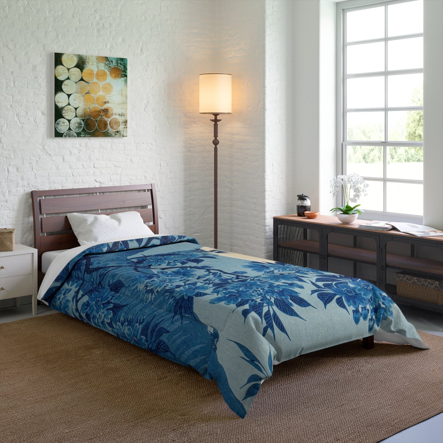 Comforter Blanket draped over a twin-sized bed for a cozy look in a minimalist room.

