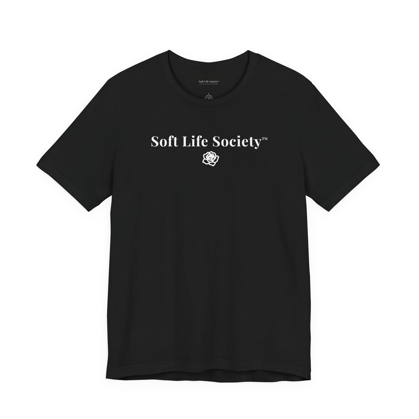Soft Life Society black t-shirt with minimalist white logo and rose emblem, relaxed fit cotton tee
