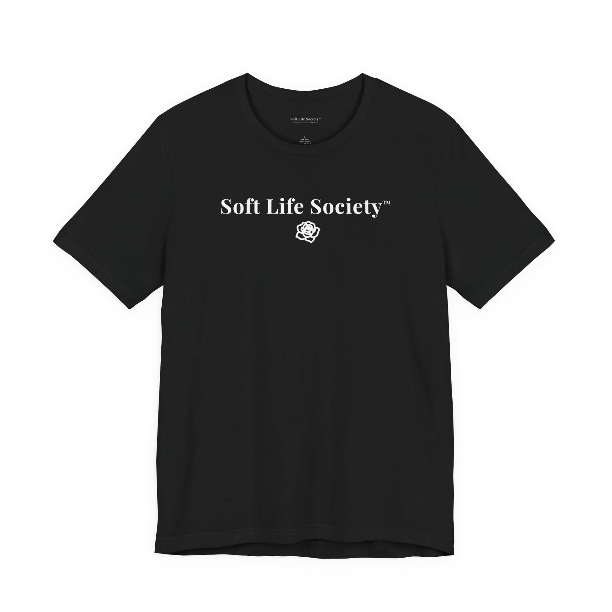 Soft Life Society black t-shirt with minimalist white logo and rose emblem, relaxed fit cotton tee