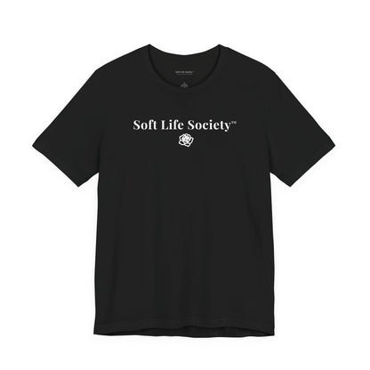 Soft Life Society black t-shirt with minimalist white logo and rose emblem, relaxed fit cotton tee