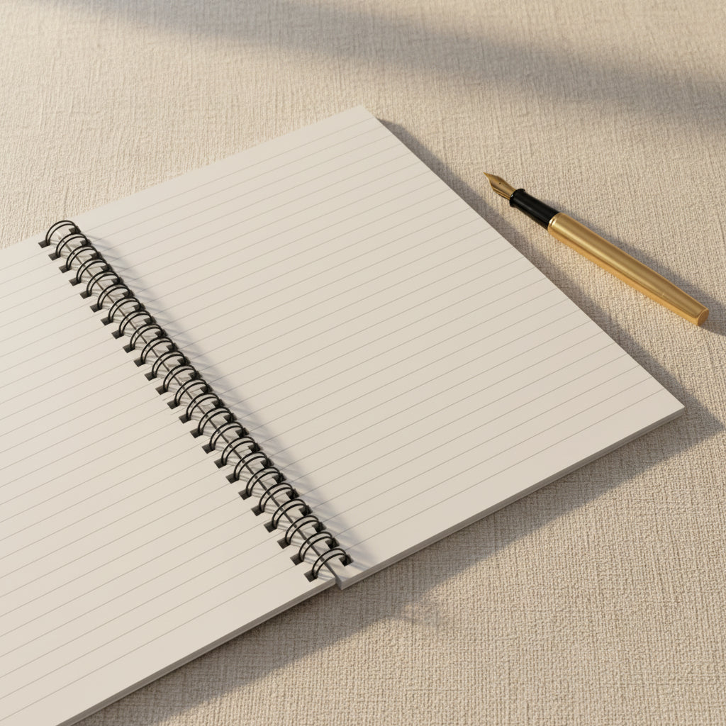 Open spiral-bound notebook on a beige linen background and gold fountain pen.