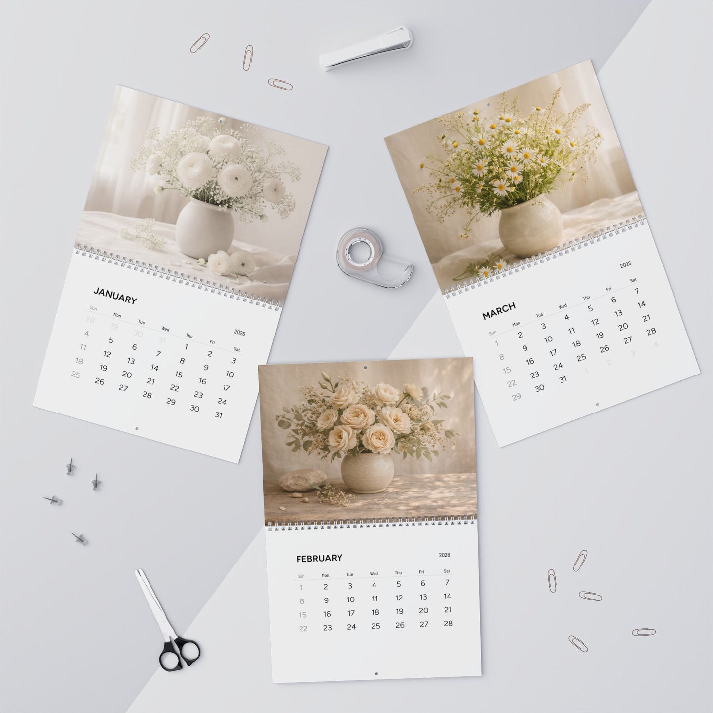 Calendar with floral designs on a light gray surface