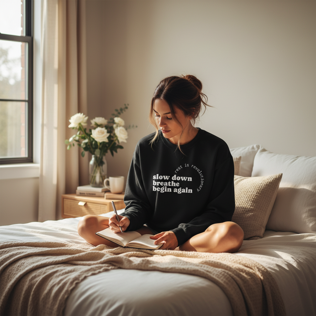Woman sitting cross-legged on a cozy bed, journaling while wearing a black ‘slow down, breathe, begin again’ Soft Life Society™ sweatshirt in a softly lit bedroom.