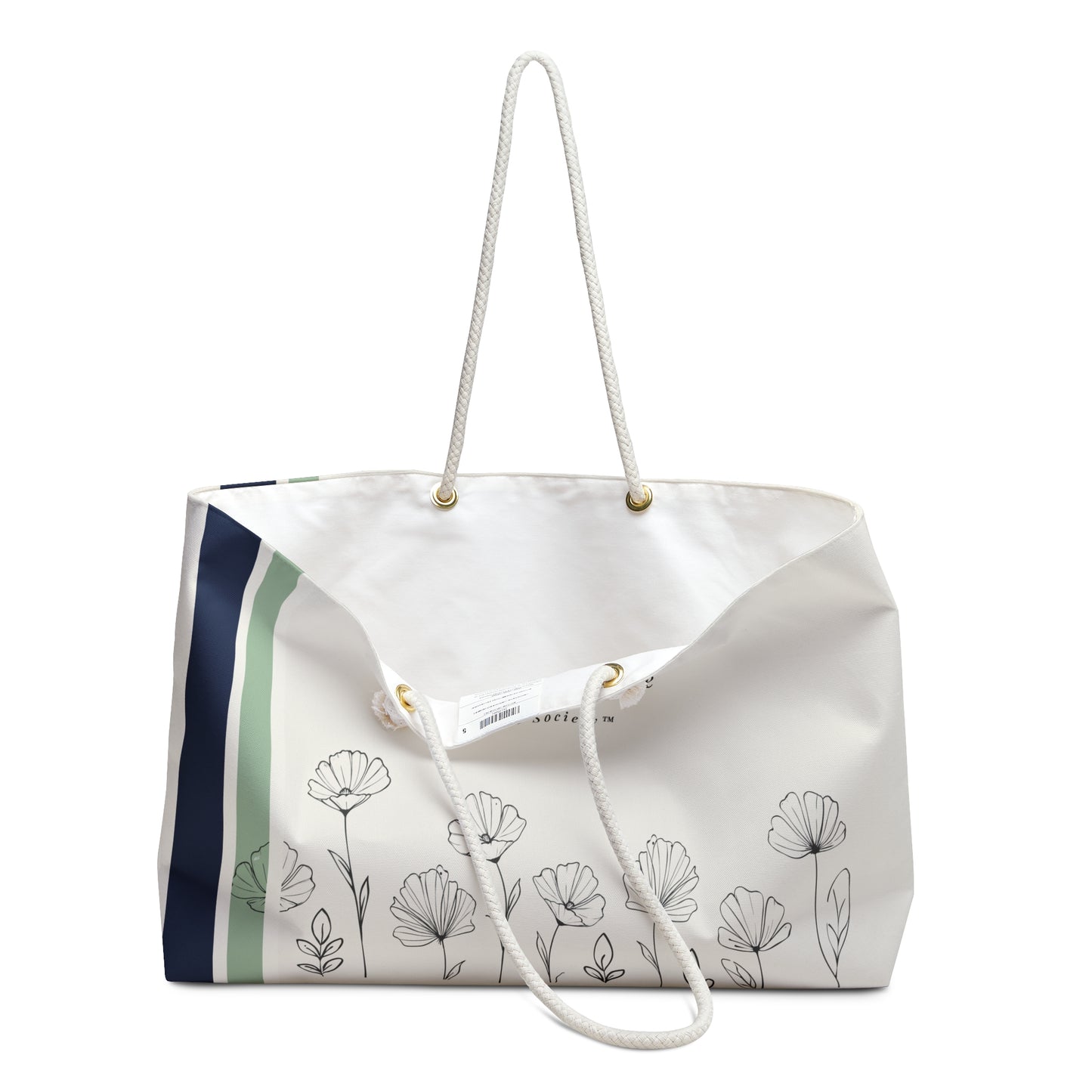 White tote bag with floral designs and a striped pattern on a white background