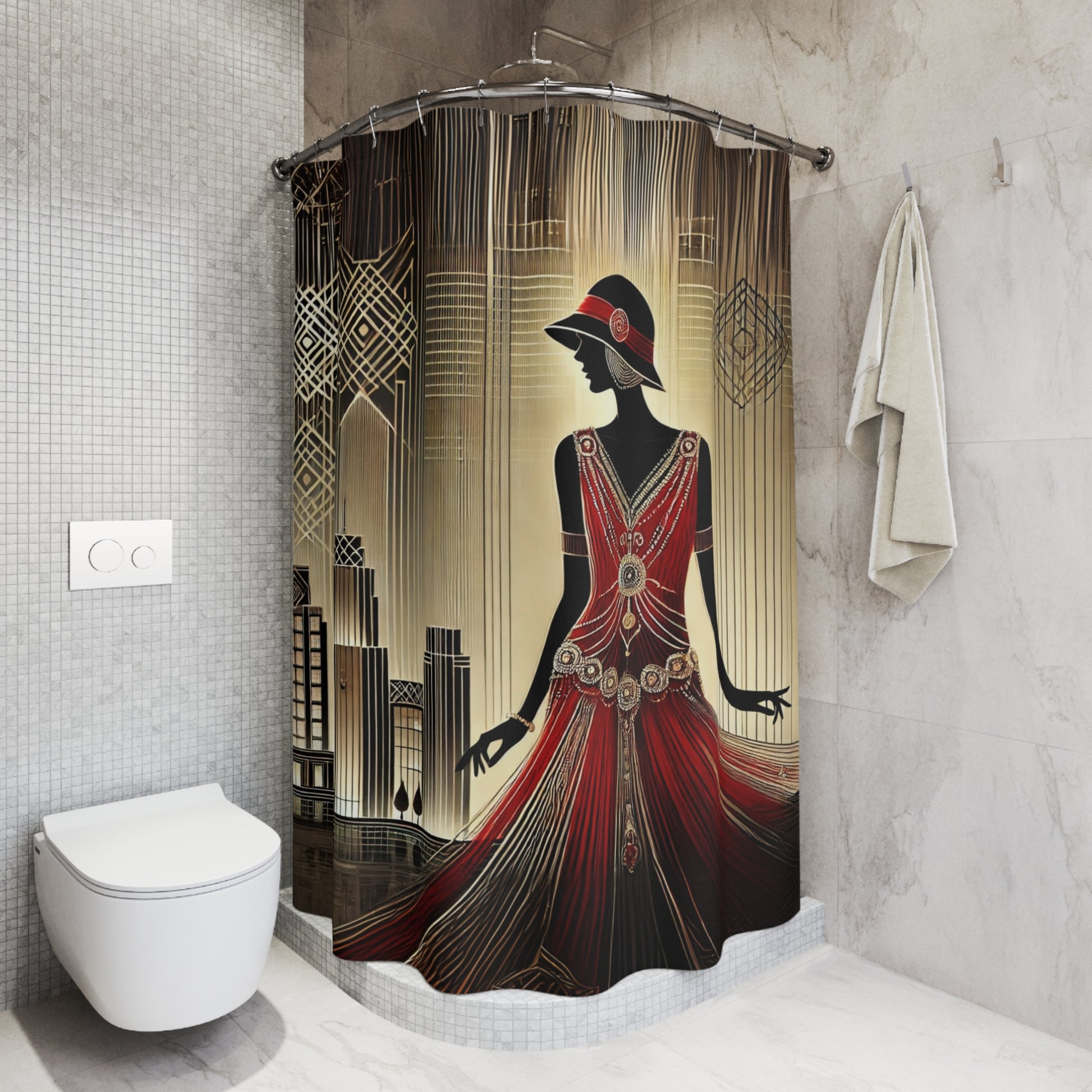 Minimalist bathroom setting with the flapper-themed curtain as a statement piece
