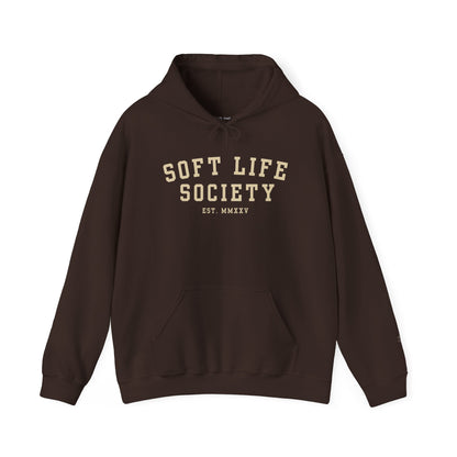 Brown hoodie with 'Soft Life Society' text on a white background