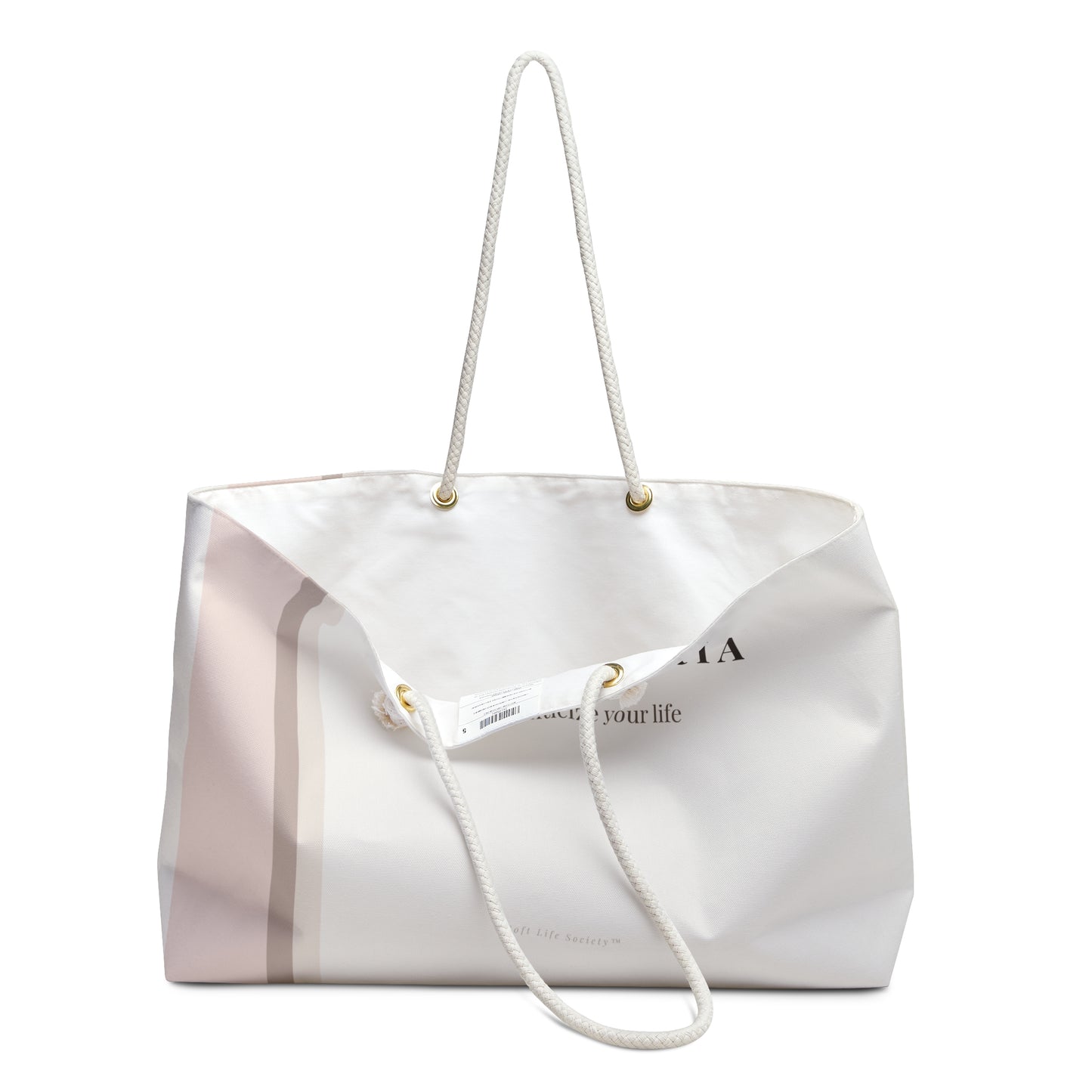 White tote bag with a visible brand logo on a white background