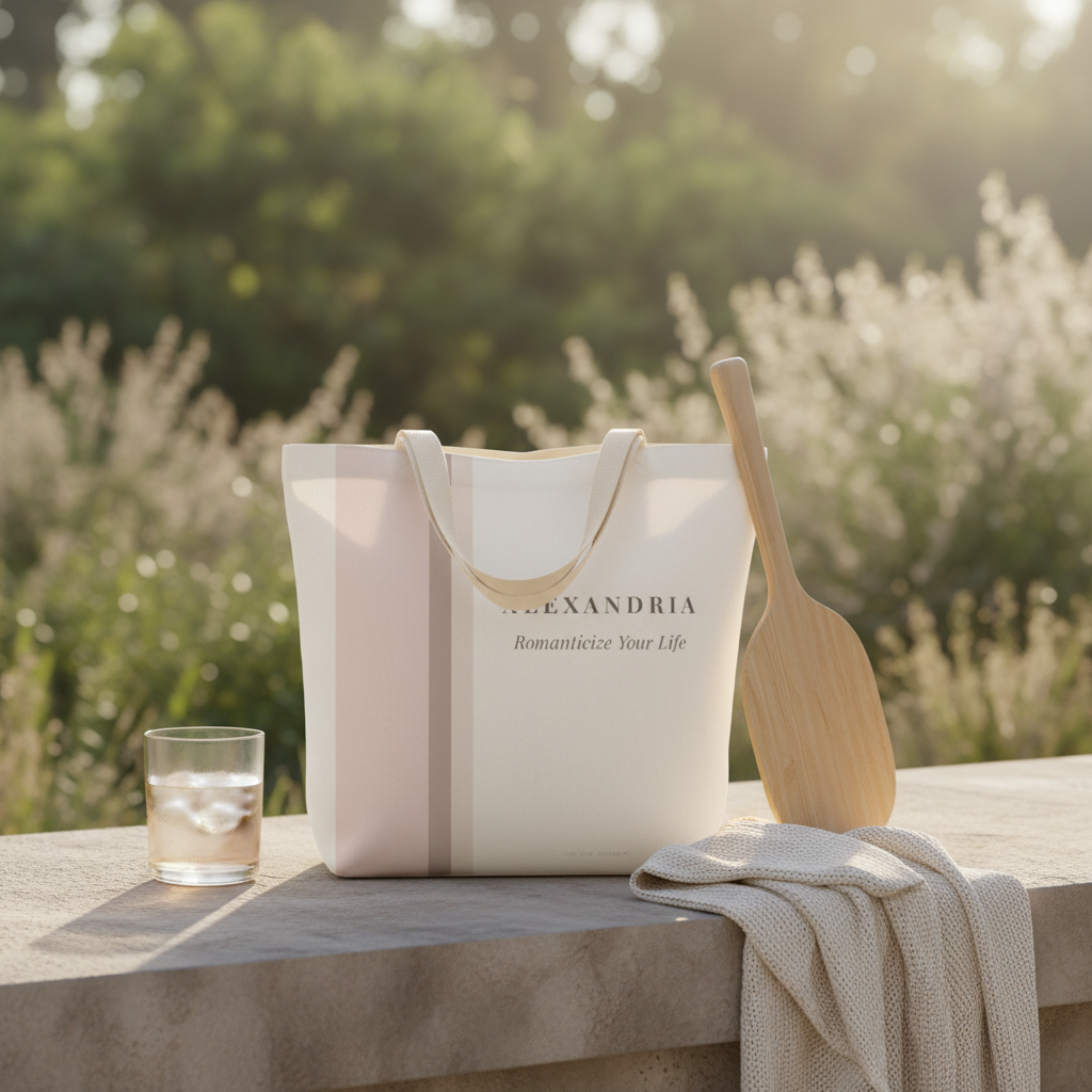 White tote bag with 'Alexandria' branding on a wooden surface outdoors.