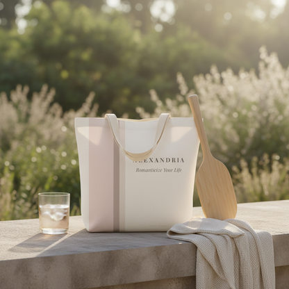White tote bag with 'Alexandria' branding on a wooden surface outdoors.