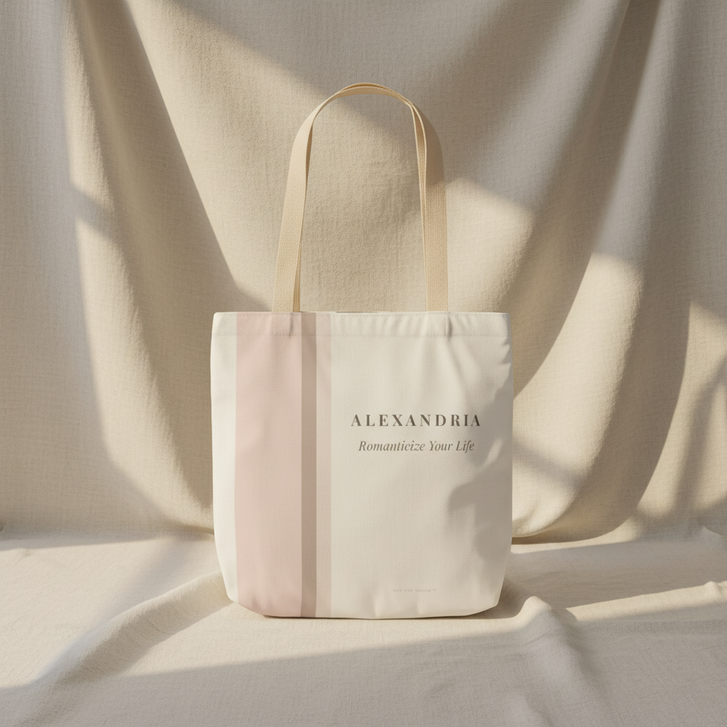 Beige tote bag with 'ALEXANDRIA' branding on a beige fabric background