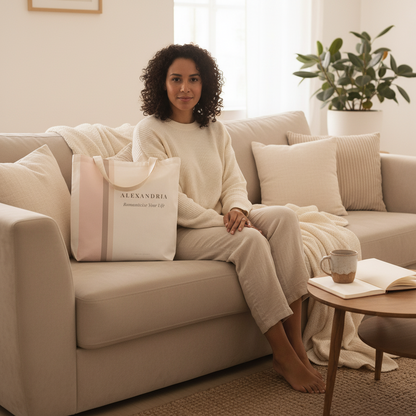 Woman sitting on a couch holding a blush and taupe striped tote bag with 'Alexandria' branding, in a cozy living room.