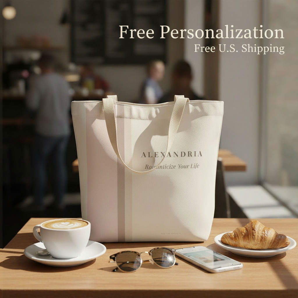 Beige tote bag with 'ALEXANDRIA' branding on a table with coffee, croissant, sunglasses, and phone.