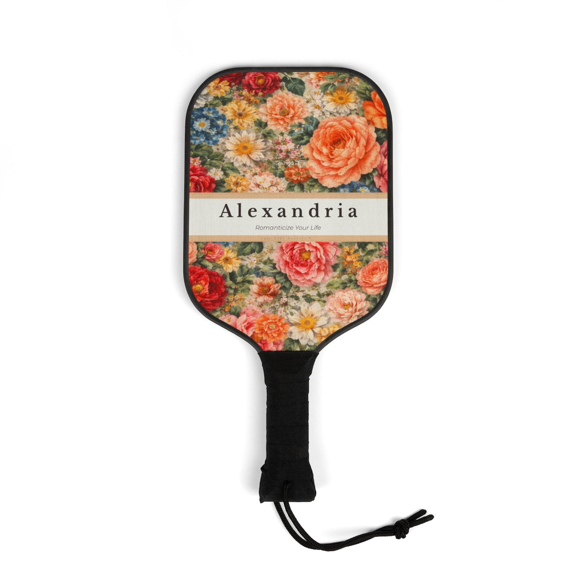 Floral-patterned paddle with 'Alexandria' branding on a white background