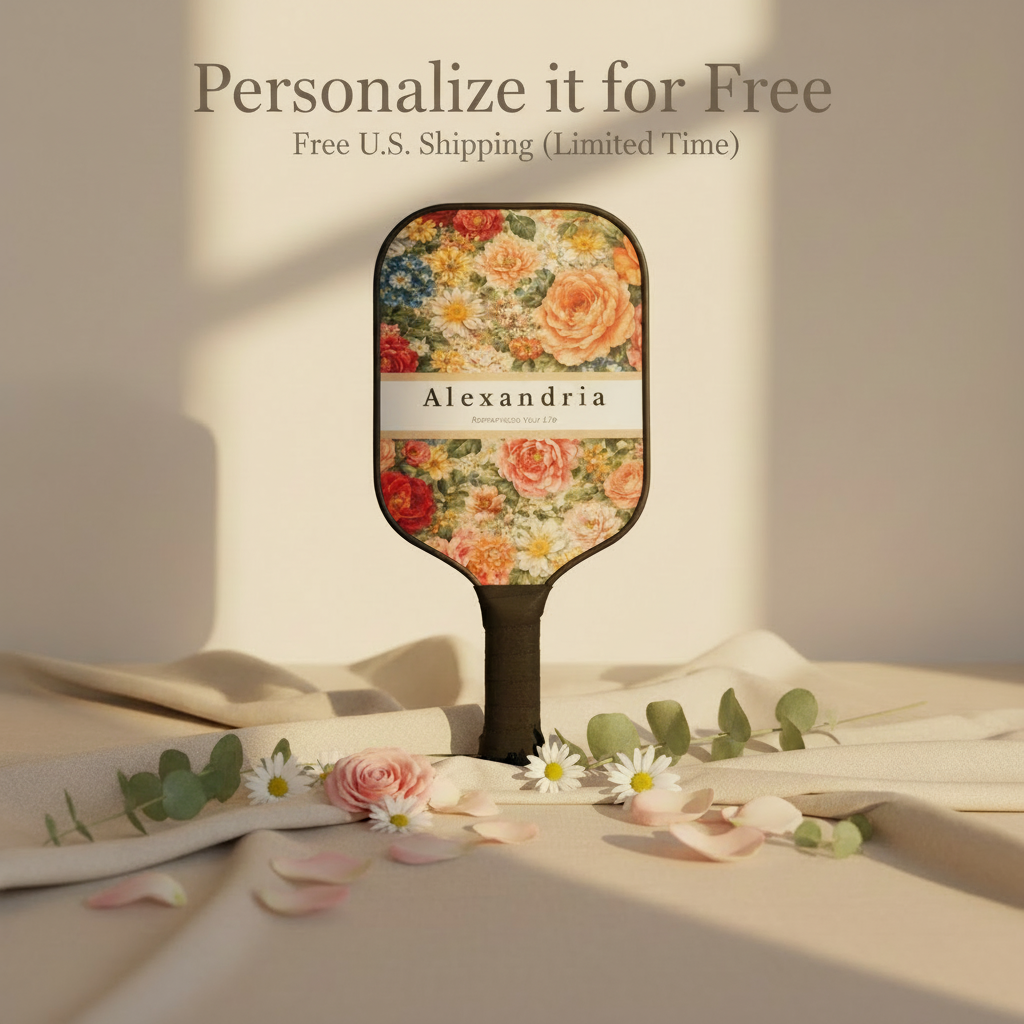 Floral-patterned paddle with 'Alexandria' branding on a light surface with flowers.