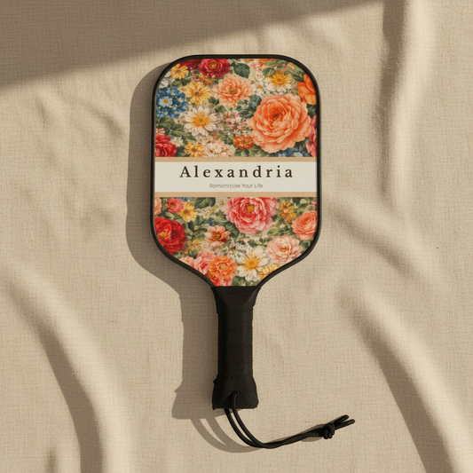 Floral-patterned paddle with 'Alexandria' branding on a beige fabric background