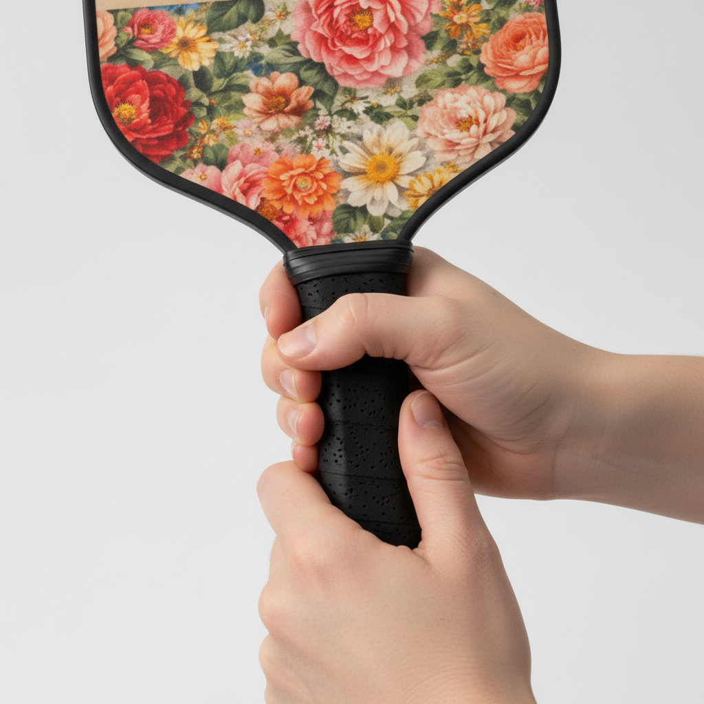 Hand holding a pickleball paddle with a floral pattern on a light gray background