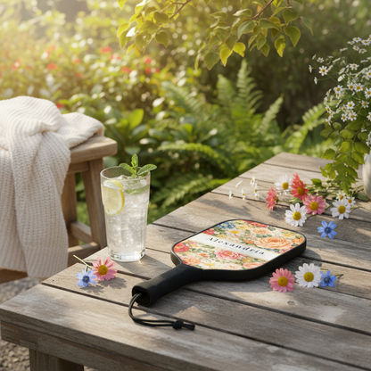 Paddle with floral design on a wooden table outdoors, surrounded by flowers and a glass of water.