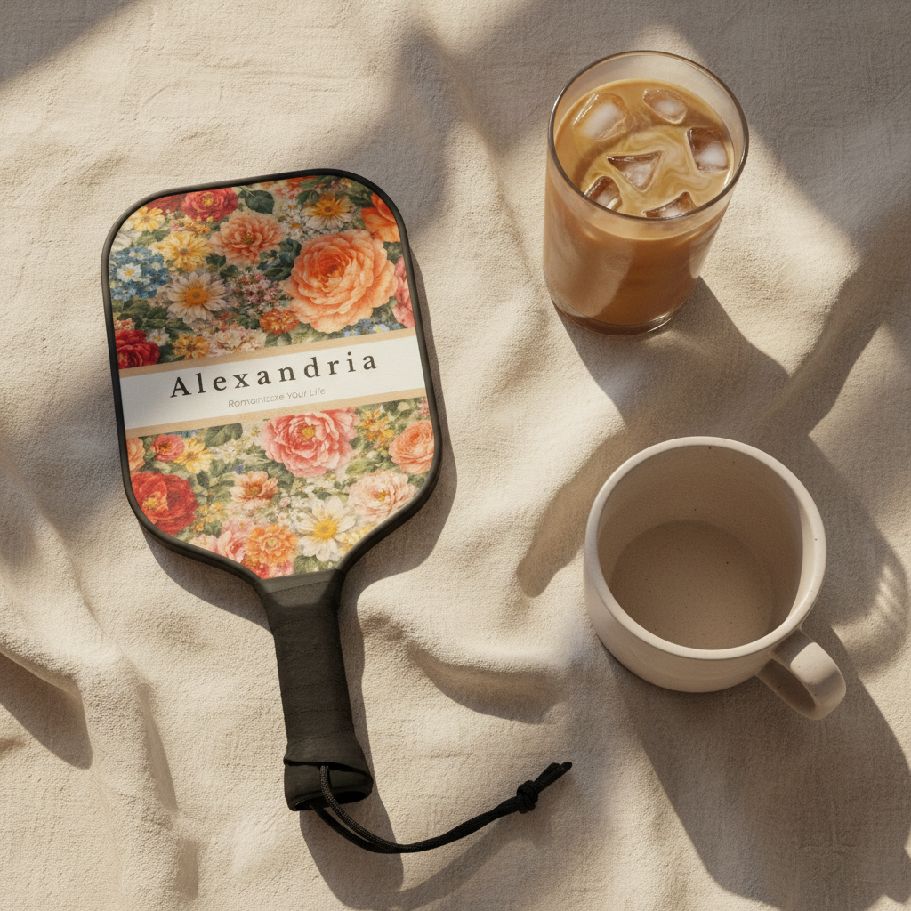 Floral-patterned paddle with 'Alexandria' branding next to a glass of iced coffee and a mug on a light fabric background.