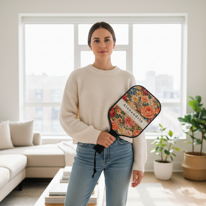 Woman holding a floral-patterned pickleball paddle in a bright living room.