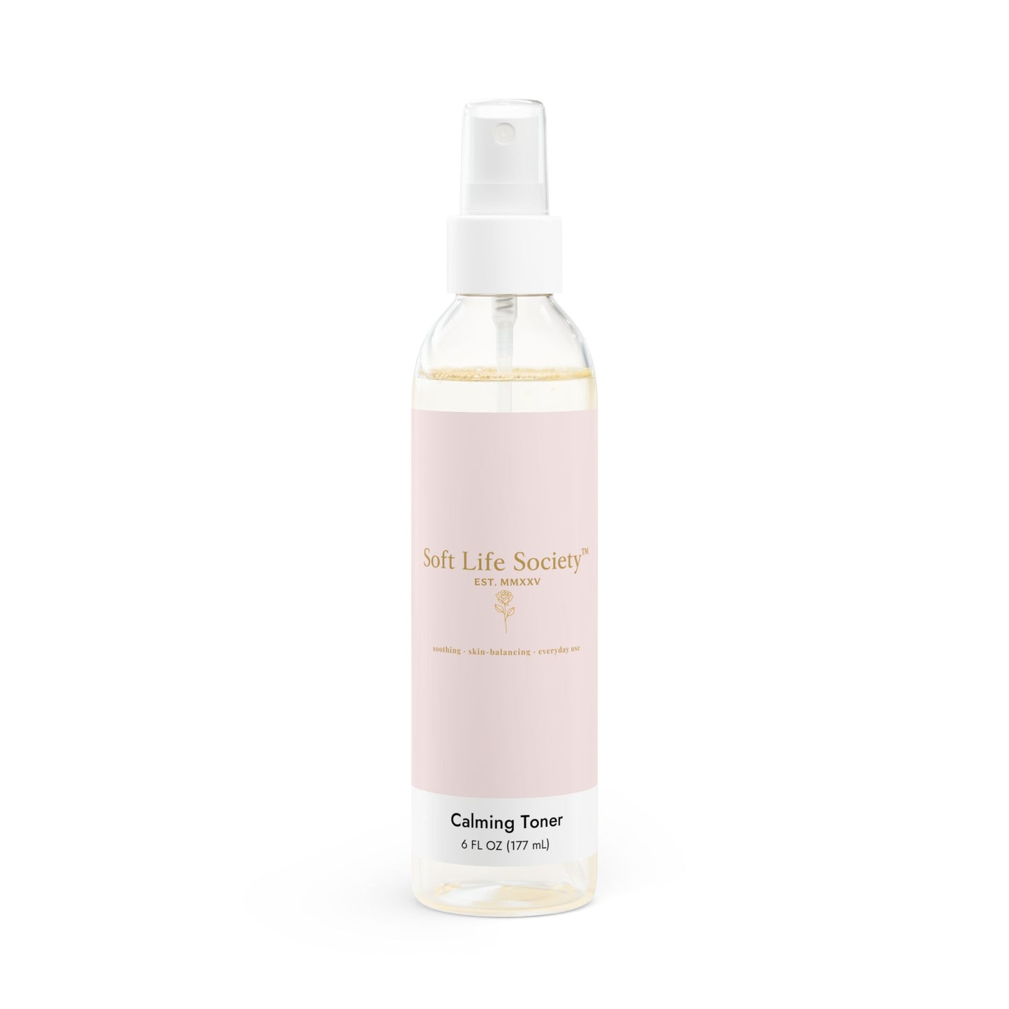 Bottle of Soft Life Society Calming Toner on a white background