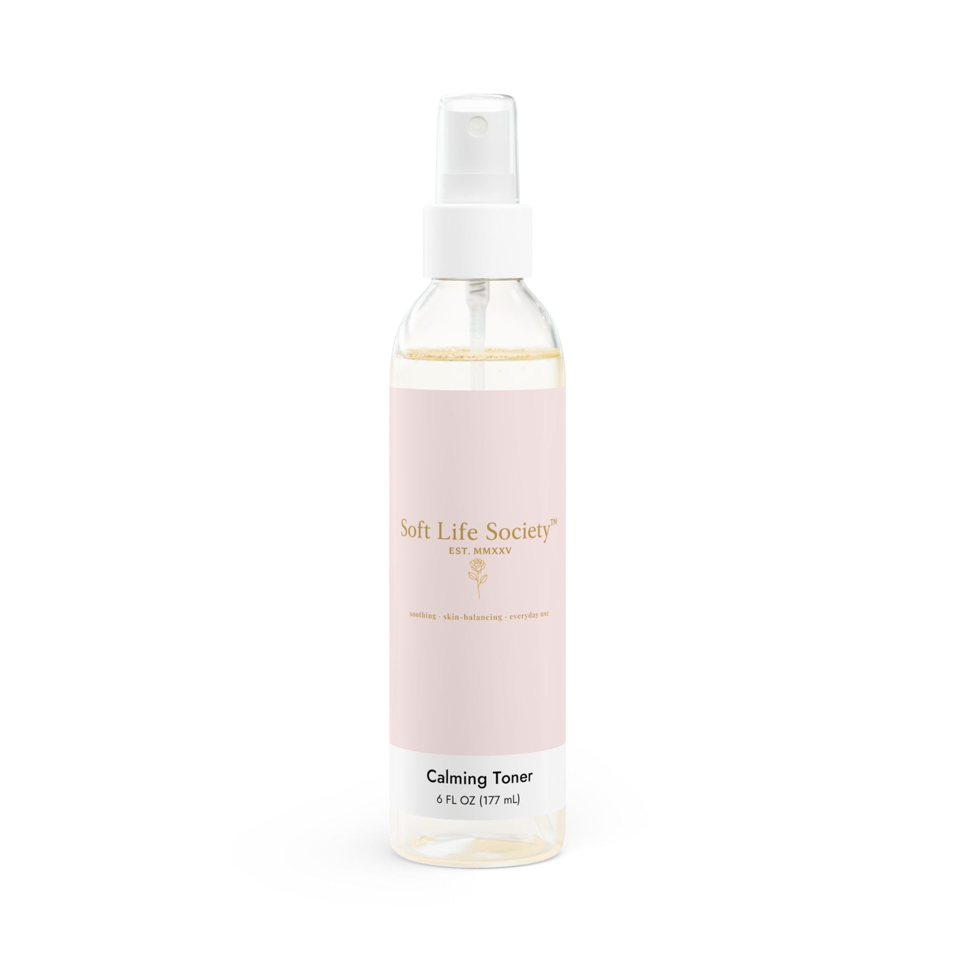 Bottle of Soft Life Society Calming Toner on a white background