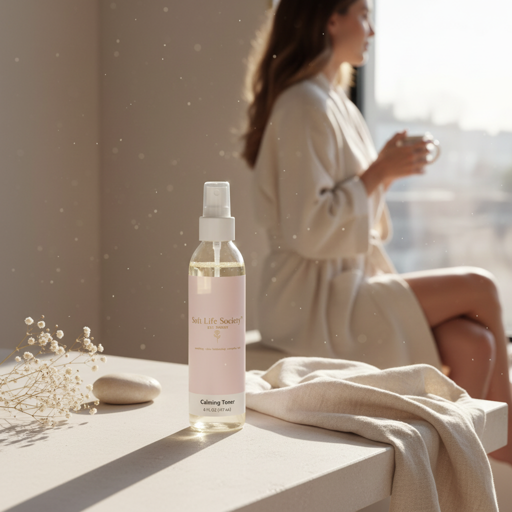 Bottle of 'Soft Life Society' Calming Toner on a table with a woman in a robe sitting by a window in the background.