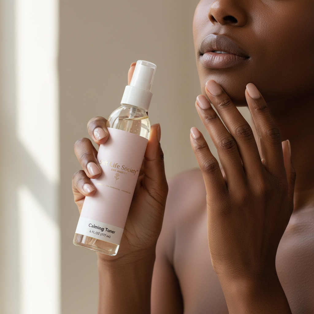 Person holding a bottle of Soft Life Society Calming Toner with a neutral background