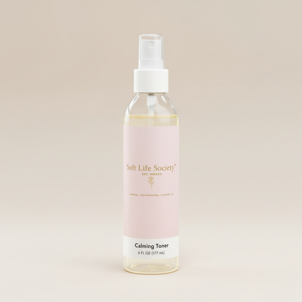 Bottle of Soft Life Society Calming Toner on a beige background