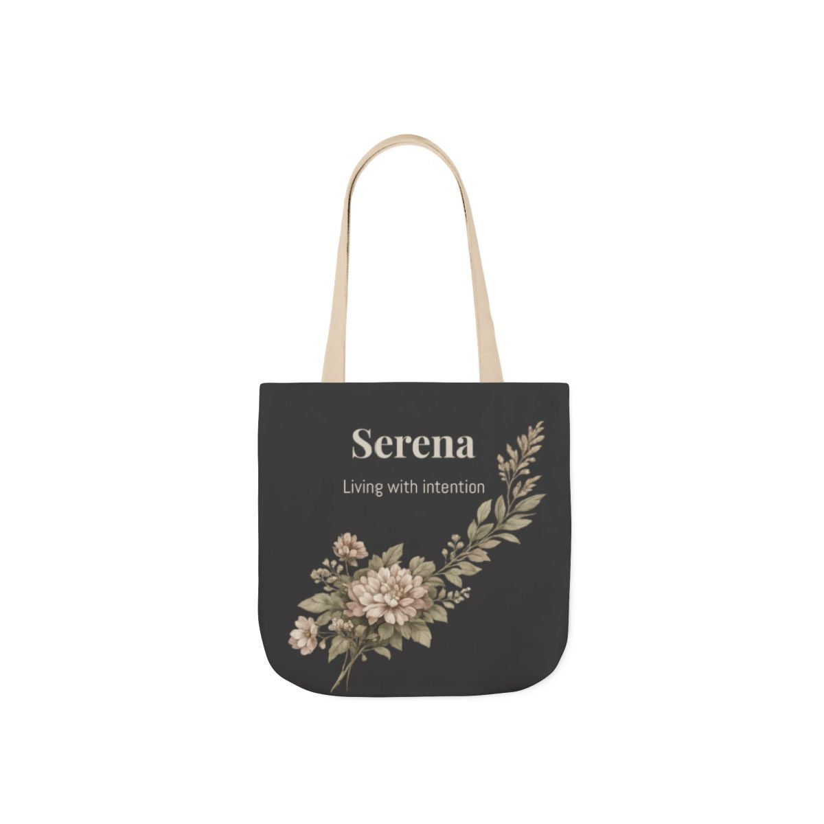 Black canvas tote bag with black handles Serena personalized floral design minimal everyday bag