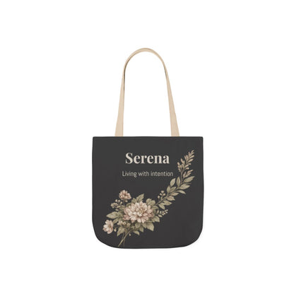 Black canvas tote bag with black handles Serena personalized floral design minimal everyday bag