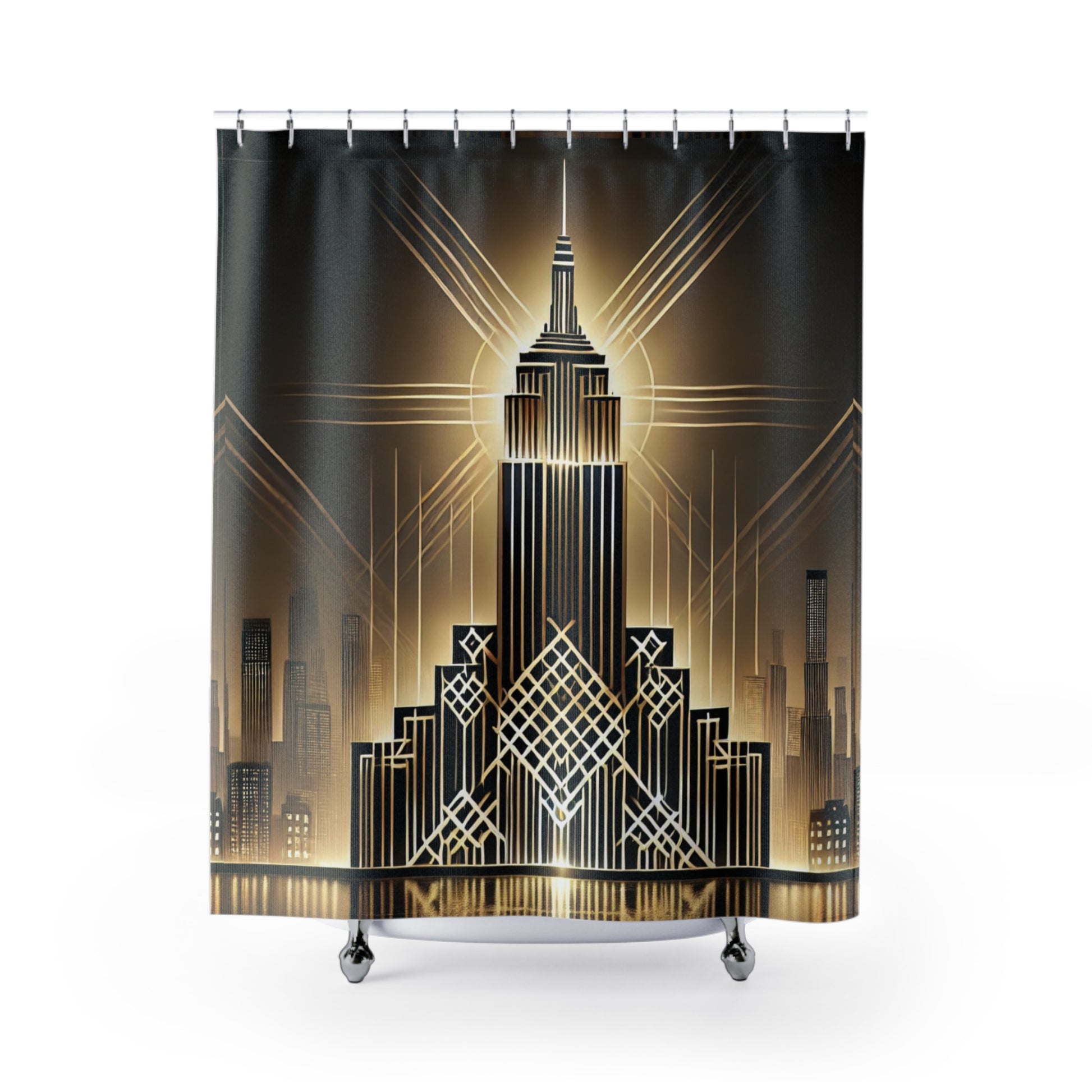 Art Deco-inspired shower curtain featuring a bold black and gold skyscraper design
