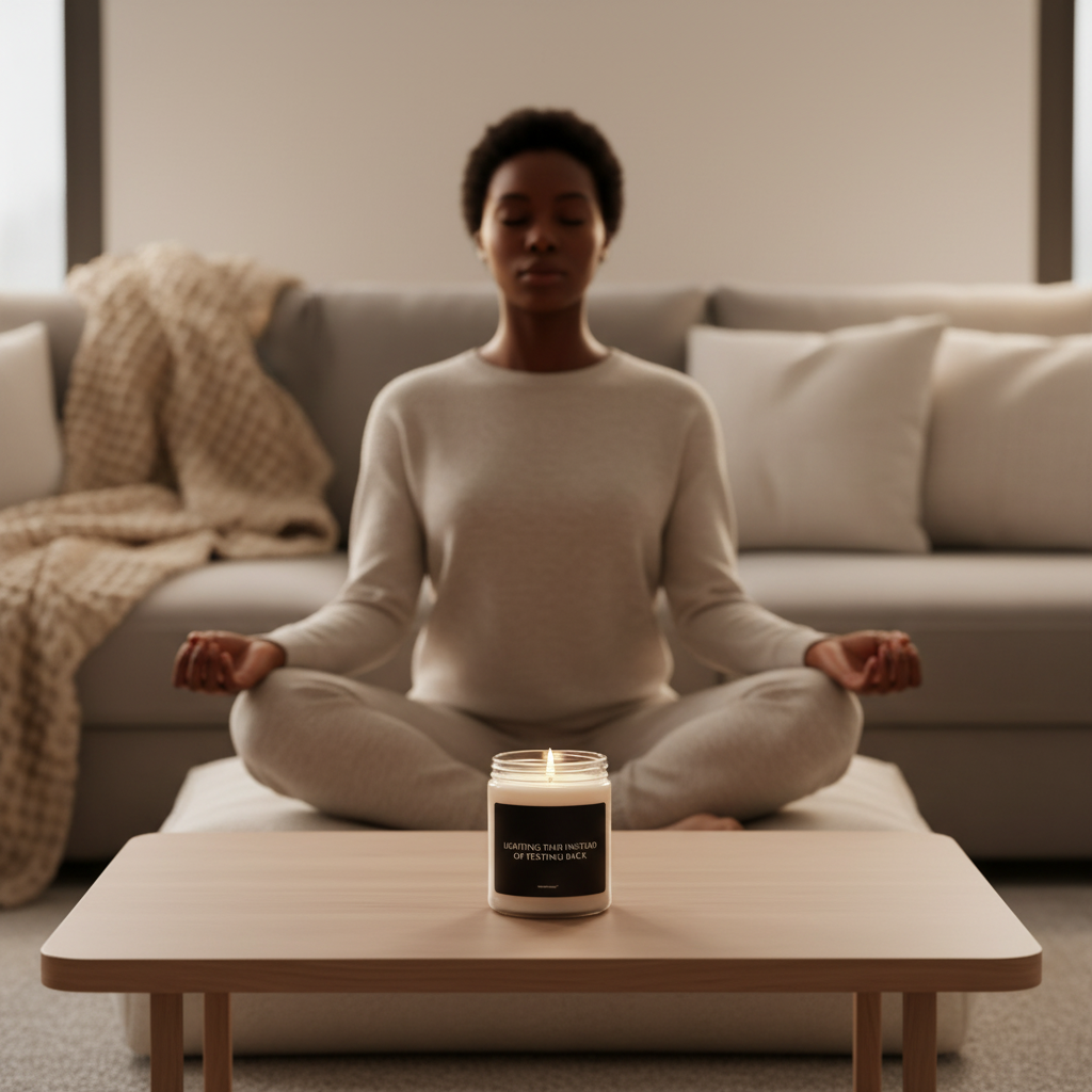 Person meditating in a living room with a candle on a table in front of them.