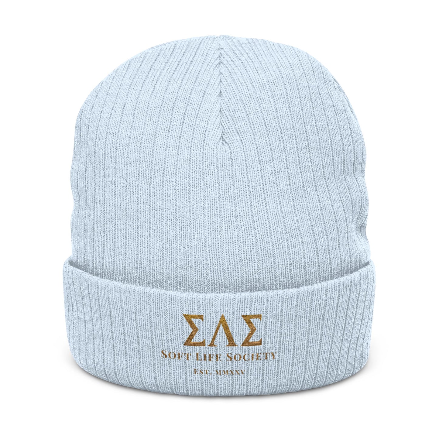 Light blue beanie with 'Soft Life Society' logo on a white background