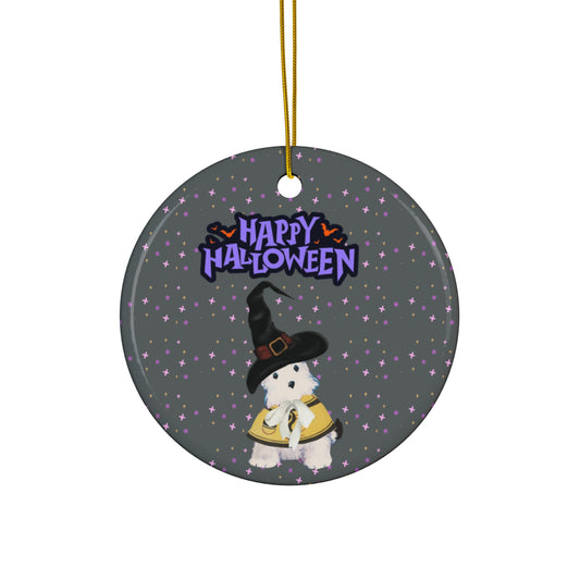 Bitsy the Witch Dog Halloween Ceramic Ornament – Grey Background