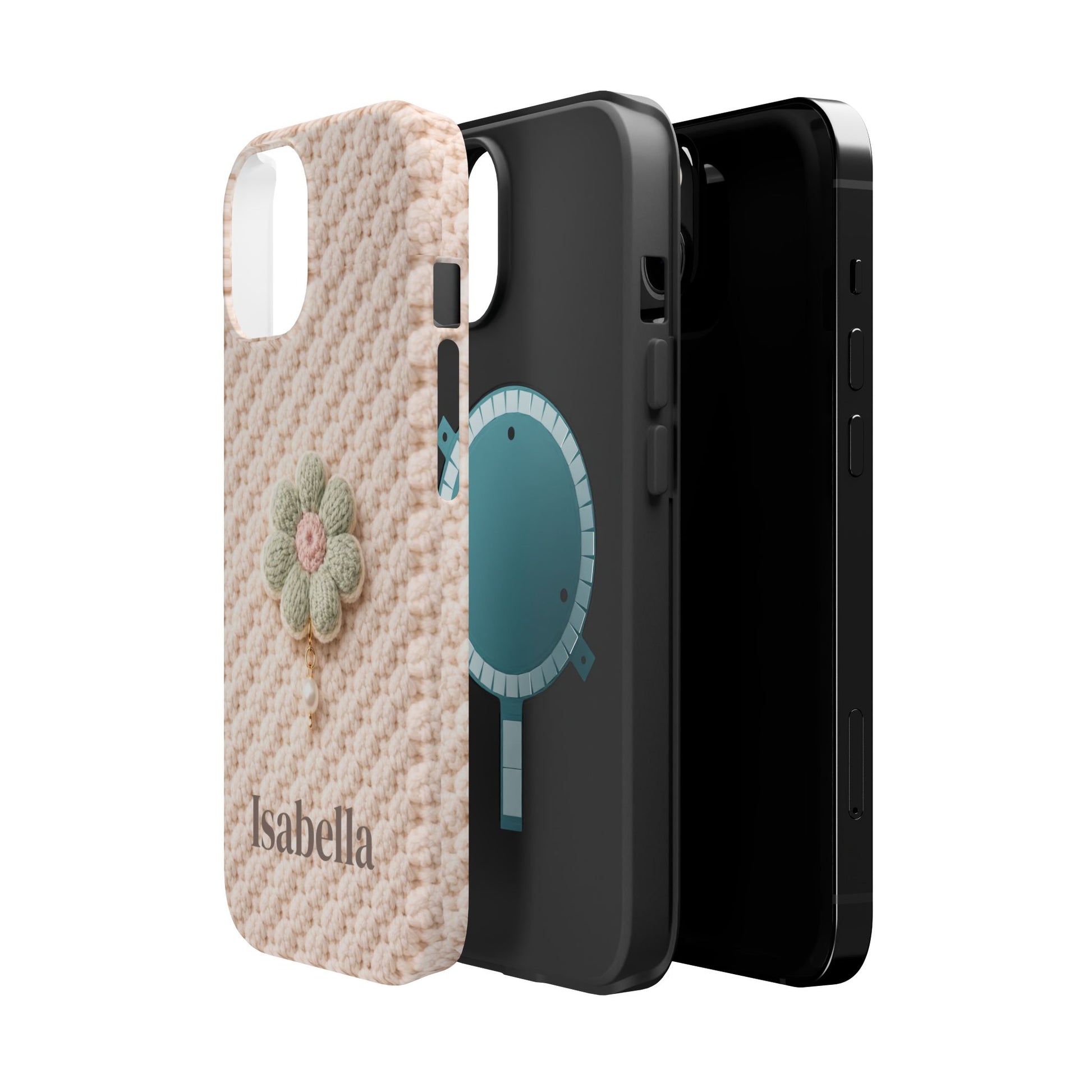 Three phone cases with different designs on a white background
