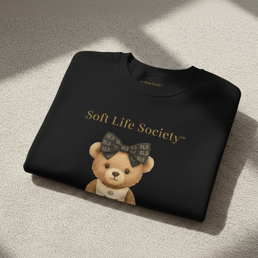Black sweatshirt with a teddy bear graphic and 'Soft Life Society' text on a textured surface